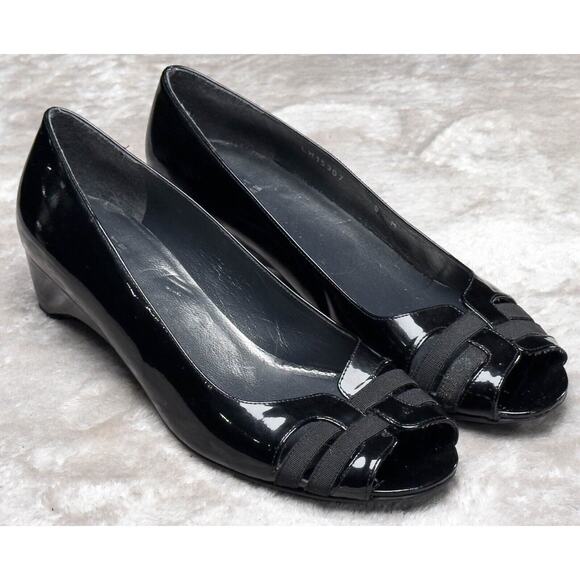 Stuart Weitzman Black Patent Leather Wedge Open Toe Heels Womens Size 9 - Picture 1 of 16
